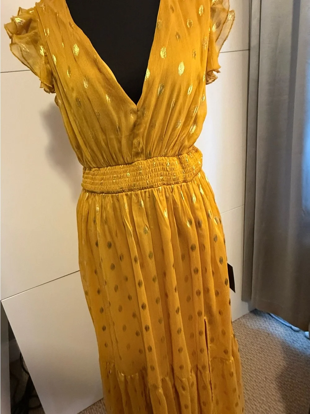 Lulus Cause to Celebrate Yellow and Gold Dot Ruffled Tiered Midi Dress, Size L - Picture 3 of 6